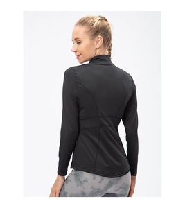 Back view of women's slim fit black running jacket with athletic curved stitching