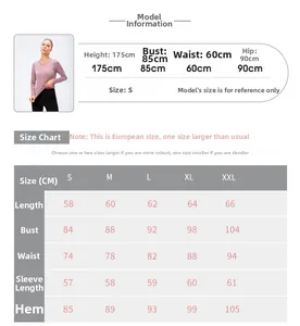 Tableau des tailles détaillé pour haut de yoga femme avec mesures S-XXL et infos