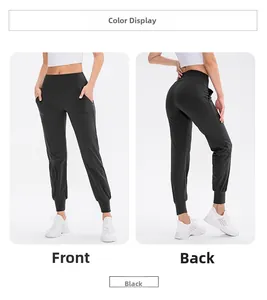 Vorder- und Rückansicht schwarzer High-Waist Yoga-Jogginghose mit Seitentaschen