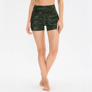 Women's high waisted dark green camouflage running shorts for fitness and yoga gym wear