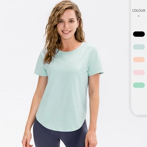 T-Shirt de Sport Yoga Ample pour Femme Respirant Séchage Rapide Fitness Top Ourlet Arrondi Course à Pied Polyester
