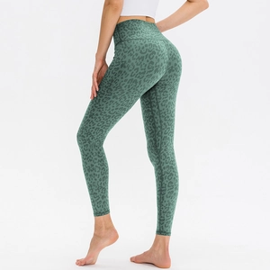 Women's high waist yoga leggings with dark green leopard print and slimming sports design