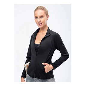 Detail of a slim-fit black sports jacket with stand collar and zipper for yoga and running