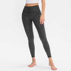 Women's high waist yoga leggings featuring dark grey leopard print and slim fit cut