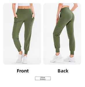 Details der olivgrünen Jogginghose mit hoher Taille und praktischen Seitentaschen