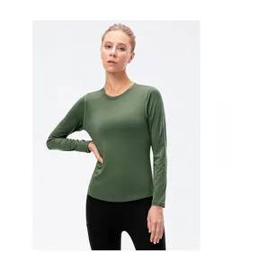 T-shirt de yoga à manches longues vert olive avec mesh respirant et tissu à séchage rapide