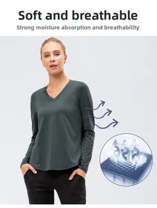 Détail du t-shirt de yoga à manches longues vert-gris montrant le tissu respirant