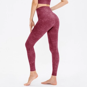 High waist compression yoga leggings with dark red marble print for fitness women