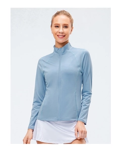 Close-up of women's light blue slim fit zip-up sports jacket with quick-dry fabric details