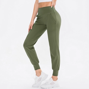 Olivgrüne Jogginghose mit hoher Taille, Seitentaschen und elastischen Bündchen für Yoga