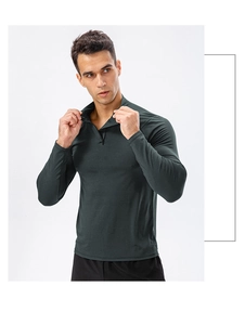 Detail view of men's dark green slim fit sports sweatshirt with half-zipper collar design