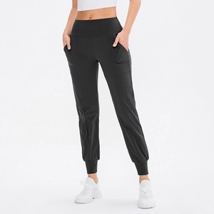 Damen Yoga-Jogginghose mit hoher Taille und Taschen, schwarze elastische Trainingshose