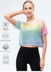 Detail showing gradient mesh crop top with breathable fabric icons for fitness and yoga