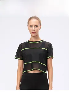 Women's loose fitness top featuring neon green stripes and breathable mesh detail
