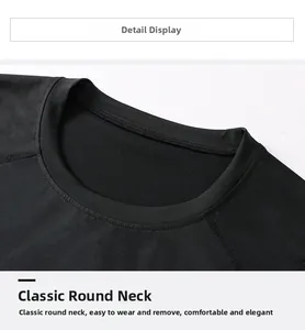 Gros plan détaillé du col rond classique sur un t-shirt de compression sport noir de qualité
