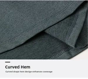 Détail de l'ourlet incurvé et des coutures doubles sur ce t-shirt de yoga gris foncé
