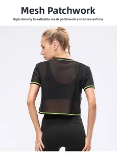 Macro shot of breathable mesh fabric and neon green piping on black crop top shirt