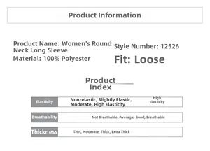 Size chart showing women's loose fit long sleeve yoga shirt material and product specs