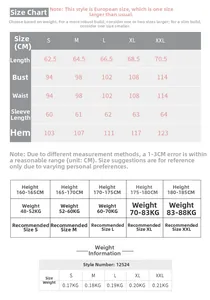 Tableau des tailles détaillé pour t-shirt de yoga à manches longues avec mesures précises