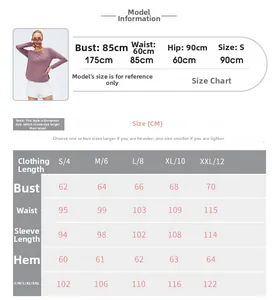 Detailed size chart with model measurements and body dimensions for women yoga t-shirt