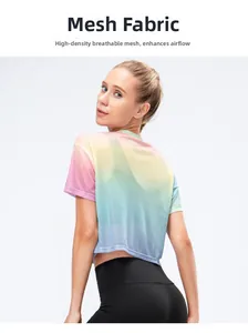 Breathable high-density mesh back detail on gradient pink and blue crop top yoga shirt