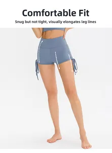 Detail of high-waisted yoga shorts featuring side drawstrings and flattering ruched design