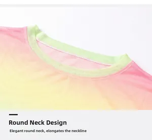 Detail of round neckline on rainbow gradient mesh quick-dry breathable fitness t-shirt