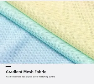 Close-up of breathable gradient mesh fabric in blue, mint green, and yellow tones