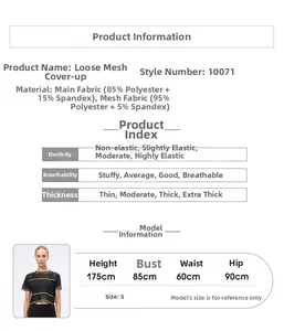 Detailed size chart and fabric specs for black loose mesh workout cover-up with neon stripes