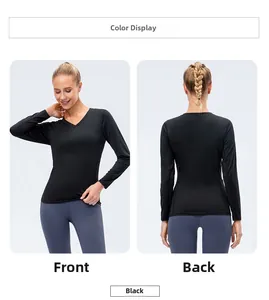 Front and back detail of women's black V-neck slim fit yoga long sleeve sports top