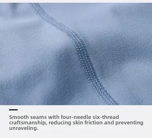 Detail of flatlock stitching on blue yoga shorts with four-needle six-thread technology