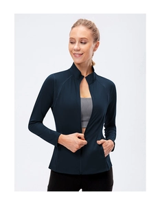 Close-up of slim fit navy blue sports jacket with full zip and high neck collar design