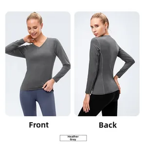 Front and back views of a heather grey V-neck slim-fit quick-dry athletic yoga shirt
