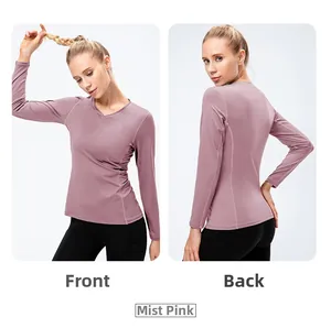 Front and back views of dusty pink slim fit yoga long sleeve shirt for active women