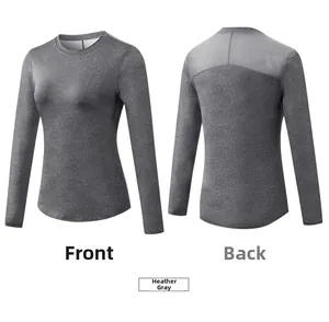 Vue avant et arrière du t-shirt de yoga gris chiné avec empiècement en mesh au dos