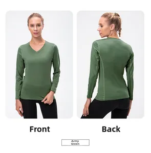 Front and back detail views of army green long-sleeve V-neck quick-dry yoga top