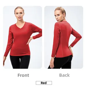 Front and back views of a red V-neck compression sports top in elastic dry-fit fabric