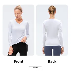 Front and back views of women's white slim fit V-neck long sleeve yoga top details