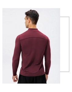 Rear view of slim fit dark red men's athletic quarter-zip sweatshirt showing back seams