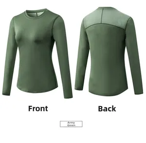Vues avant et arrière du haut de yoga manches longues vert armée avec mesh et coupe ajustée