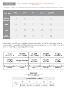 Detailed size chart for high-waisted yoga shorts including dimensions and weight guides