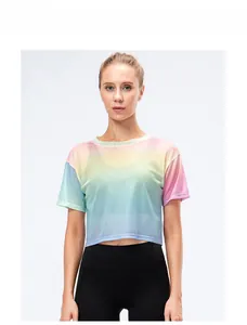 Front view of women's loose fitness t-shirt in translucent gradient rainbow mesh fabric