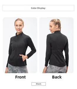 Front and back views of women's black slim fit zip-up sports jacket for running and yoga
