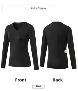 Detail view of black long sleeve yoga top with hidden back phone pocket for fitness