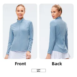 Front and back views of women's light blue slim-fit zip-up long sleeve yoga sports jacket