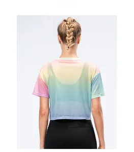 Back view of rainbow gradient mesh workout top showing breathable fabric texture