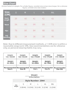 Size chart showing S to XXL measurements for women's yoga shorts with fit recommendations
