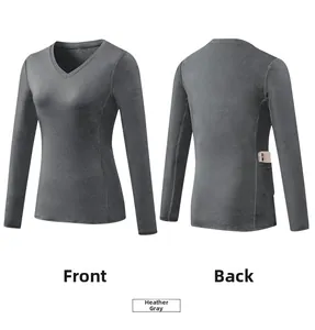 Front and back views of gray long-sleeve yoga top with functional back pocket detail