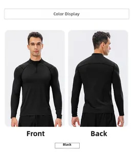 Front and back view of men's black slim fit half-zip workout sweatshirt for running