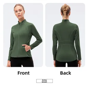Front and back views of army green slim fit zip-up sports jacket for yoga and running
